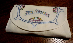 Vtg  Hand Embroidered "Tablespoons"  Holder Roll Up Purse Style Cotton 10x7" - Picture 1 of 5