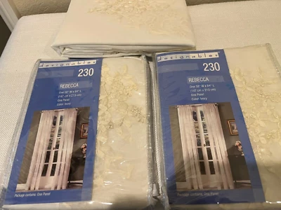 Sheer Ivory Curtain Panels Ribbon Embroidered 58 x 84 Ivory Rebecca NEW - Image 1 of 4