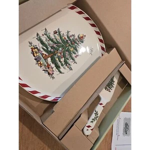 Spode Christmas Tree Peppermint 11" Cake Plate & 9.5" Server NIB Peppermint Edge - Picture 1 of 8