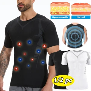 Men Ionic Shaping T-Shirt Gynecomastia Compression Shaping Tops Tight Workout US - Picture 1 of 19