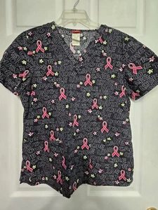Dickies Scrub Top Size M-Black/Pink Cancer Ribbon/Floral -Chest 22"/L 26" - Picture 1 of 4