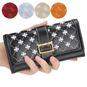 Portafoglio donna grande capacità trapuntato ricamato pelle pochette organizer carte - Foto 1 di 24