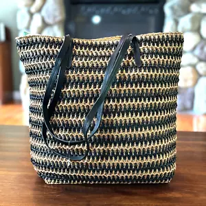 Straw Tote Bag Black Natural Stripe Packable Beach Handbag 16" w x 14" h x 5.25" - Picture 1 of 9
