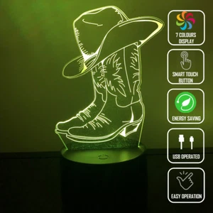 COWBOY BOOTS COWBOY HAT 3D Acrylic LED 7 Colour Night Light Touch Table Lamp - Picture 1 of 8