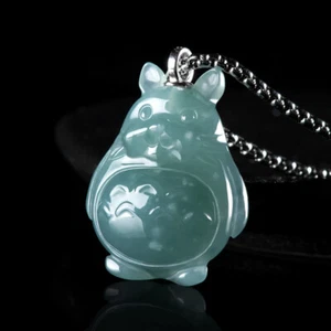 Blue Myanmar Jadeite Totoro Pendant Necklace Burmese Jade 925 Silver - Picture 1 of 5