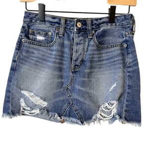 American Eagle Damen Rock 0 Medium Wash Denim Knopfleiste Used-Look ausgefranster Saum - Bild 1 von 7