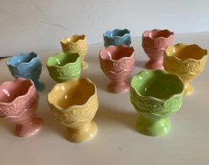 Set of 10 Vintage Ceramic Egg Cups Pastels Pink, Yellow, Green, Blue - Picture 1 of 6