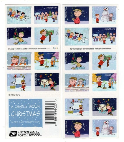 2015 USPS COMMEMORATIVE CHARLIE BROWN CHRISTMAS  FOREVER POSTAGE STAMPS - MINT! Cover