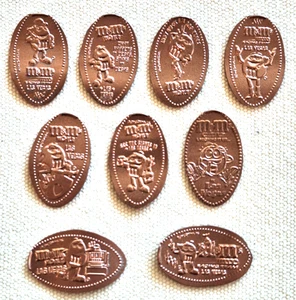Nine Different M&M's World Las Vegas Elongated Designs Rolled on Zinc Cents-CRC - Picture 1 of 11