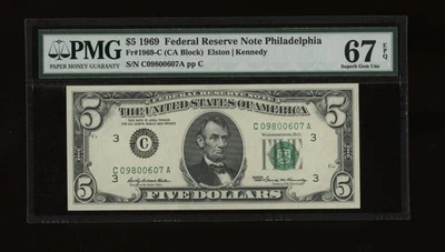 DBR 1969 $5 FRN Philadelphia Fr. 1969-C Superb Gem PMG 67 EPQ Serial C09800607A - Image 1 of 2
