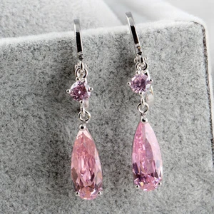New Slim Waterdrop Design Charm Pink Topaz Gemstone Women Dangle Long Earrings