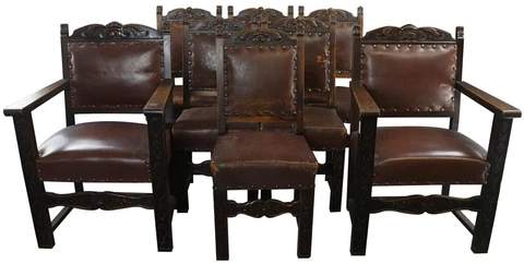 Dining Chairs Thrones Renaissance French 1930 Set 8 Brown Upholstery Oak Wood Cover