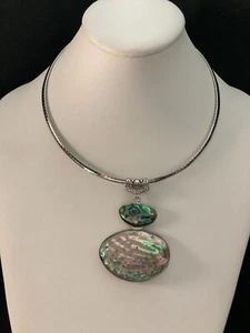 Abalone Shell Freshwater Pearl Pendant Stainless Steel Omega Chain 18" Necklace - Picture 1 of 11
