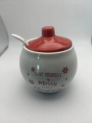 Red & White Ceramic Christmas Sugar Cream Dish With Spoon Have Your Self A... - Image 1 of 4