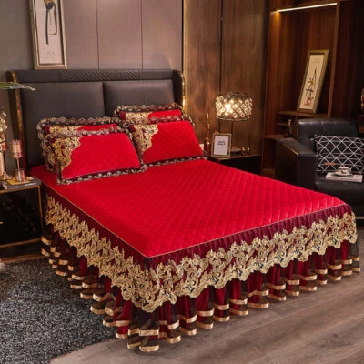 Gold Embroidery Velvet Quilted Thicken Bedspread Queen King Soft Warm Bed Skirt - Image 1 of 4