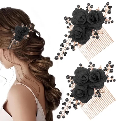 2 peças pentes de cabelo preto floral strass pérola casamento nupcial acessórios vintage - Imagem 1 de 4