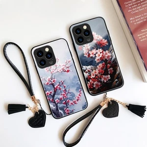 For Samsung Case Luxury FlowerTempered Glass Phone Cover Skin +Tassel Hand Strap - Picture 1 of 15