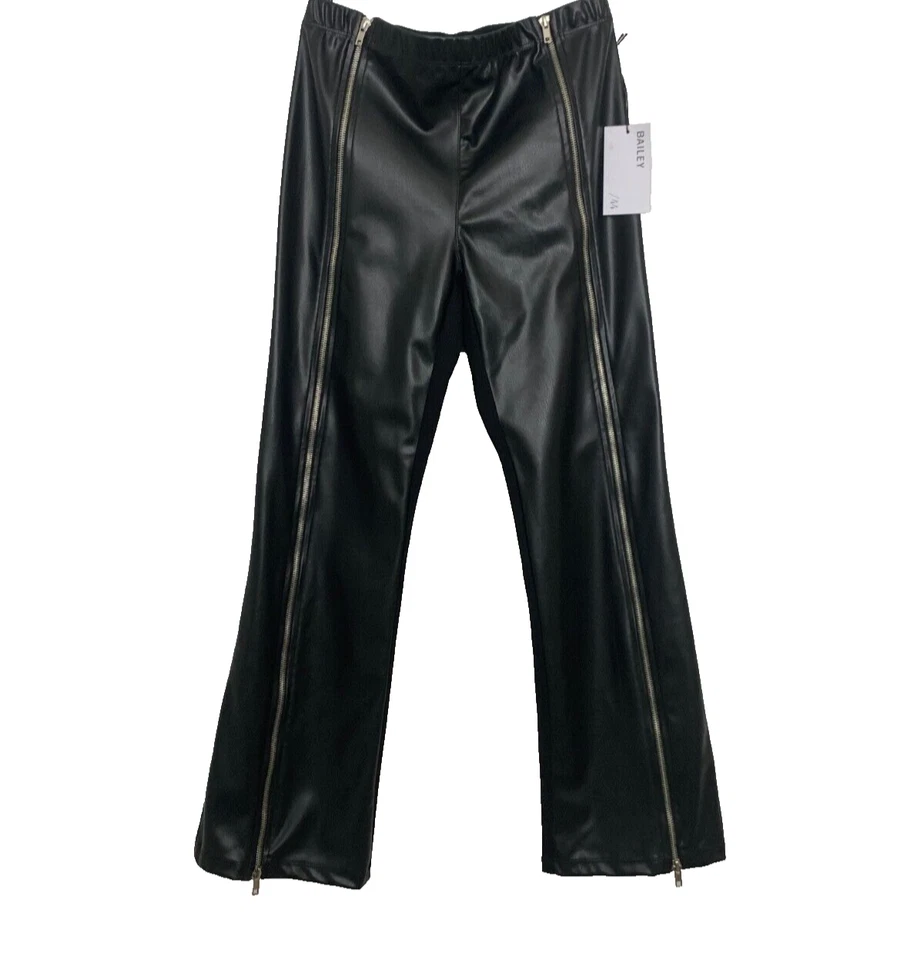 Calça feminina Bailey 44 preta couro sintético perna larga zíper frontal tamanho M nova com etiquetas $248 - Imagem 1 de 4