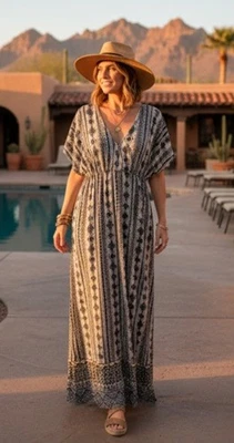 Maxi Vestido Cristina Love Imitación Envoltura Estampado Azteca Boho Elástico Para Mujer Talla Pequeña Foto 1 de 4