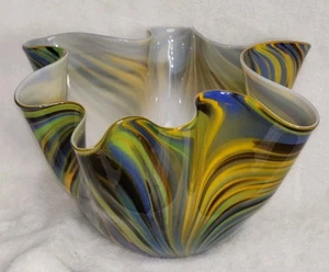 Vintage Venition Art Glass Bright Swirling Colors Murano Handkerchief Bowl Italy - Picture 1 of 23