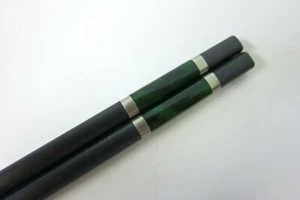 Pair of Reusable Long Black Chinese Alloy Chopsticks Green Band 24.5cm - Picture 1 of 3