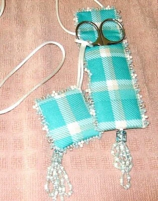 Turquoise & White Plaid Beaded Ribbon Scissor Case & Pincushion W/ Scissor - NEW - Image 1 of 3