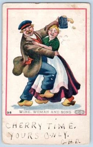 1907 WINE WOMEN and SONG DANCING DRINKING DUTCH COUPLE HOOVER & SON POSTCARD - Picture 1 of 2