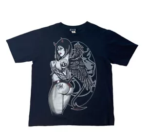 Y2K T Shirt Tattoo Girl Hot Devil Angel Graphic Top Size L Vintage Double Sided - Picture 1 of 12