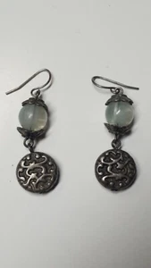 Green glass ball silver dangle earrings - Picture 1 of 2