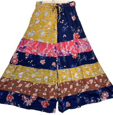 Nwt SACRED THREADS boho hippie crinckled rayon wide leg tiered PANTS L Free ship - Image 1 of 4