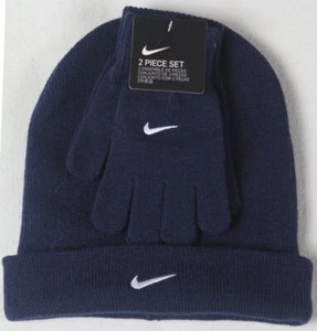 Nike Kids Swoosh Beanie Hat & Gloves 2PC Set Navy Blue Size 8/20 NWT - Picture 1 of 1
