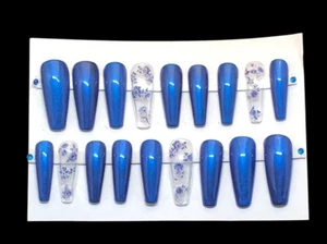 Handmade Press On Nails False Nails Long Coffin Full Set Blue Metallic Floral - Picture 1 of 7