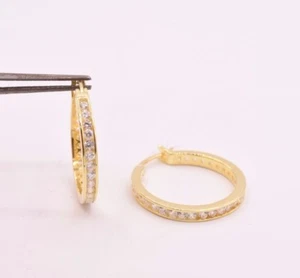 1" 25mm CZ Hoop Channel Earrings 14K Yellow Gold-Plated 925 Silver - Picture 1 of 5