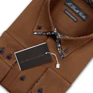 MENS BROWN FLORAL DOUBLE COLLAR SMART FORMAL CONSTRAST COLLAR LONGSLEEVE SHIRT - Picture 1 of 27