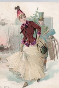 1890 Feiertagsgruß Löwe Kaffee Woolson Spice Co schöne Frau Mann Zylinder Schlitten - Bild 1 von 4