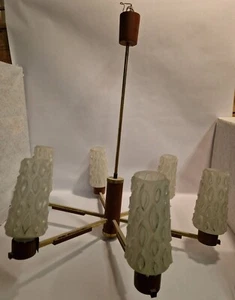 E1 MID CENTURY DESIGN TEAK HOLZ MESSING KRONLEUCHTER DECKENLEUCHTE PENDELLEUCHTE - Bild 1 von 7