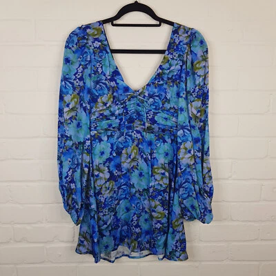 For Love & Lemons Astor Floral Mini Dress XS Blue Long Sleeves Day Wedding *Flaw - Image 1 of 4