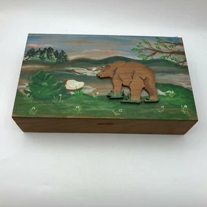 Bear Trinket Box Hand Painted Wood Mountains Meadow Folk Art 3D Vintage - Picture 1 of 12
