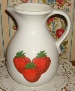STURDY WHITE STRAWBERRY BEVERAGE PITCHER 72 oz. 9 in. HIGH CERAMIC VINTAGE - Picture 1 of 4