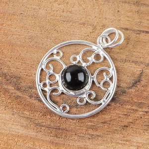 Round Genuine Black Tourmaline 925 Silver Bezel Set Engagement Pendant Jewelry - Picture 1 of 8