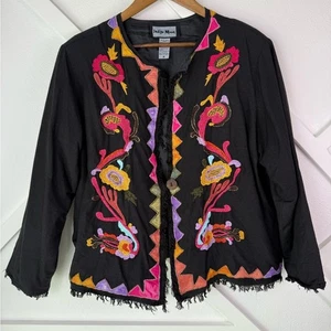 Giacca Indigo Moon nera ricamata floreale 1X - Boho Artwear misto cotone lino - Foto 1 di 10