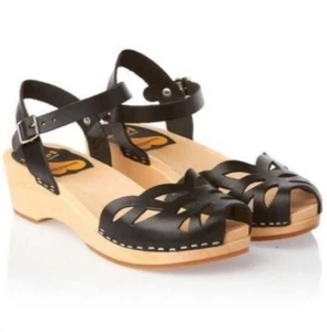 Swedish Hasbeens Ornament Perforated Leather Clog Sandals Size EU 37 US 7 Black - Picture 1 of 10