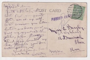 GB WW1 Royal Navy PASADO CENSOR 'Barras' Tarjeta cancelada para Hove Sussex - Imagen 1 de 3