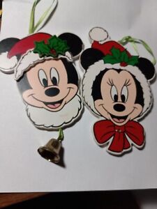 VTG Disney Mickey & Minnie Christmas Tree Wood Ornaments Bell Painted Santa Hats