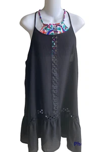 Freshwater Black Swim Beach Cover-up Dress Small Tiered Lace Inserts Racer NWT - Picture 1 of 3