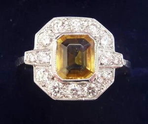 Stunning art deco platinum 1ct yellow sapphire and diamond cluster ring - Picture 1 of 9