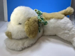 Walmart Plush Puppy Dog White Tan Ears Floppy Laying 20” Green Bow Vintage - Picture 1 of 12