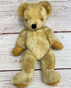 Vintage JK Farnell Jointed Bear Golden Mohair Glass Eyes Belly Tag England UK - Picture 1 of 9
