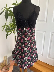 Vintage Negligee Unterkleid Damen Größe 8 Schwarz Spitze Oberteil Blumenmuster Nachthemd Dessous - Bild 1 von 7