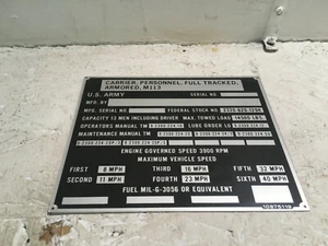 M113 Nomenclature Data Plate. Carrier Personnel, Full Tracked, Armored. - Picture 1 of 3